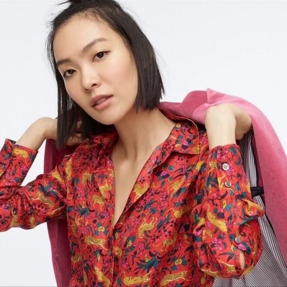 J.Crew 100% Silk Whimsical Button Up Shirt Blouse Floral Animal Cheetah Print - Picture 4 of 11